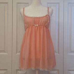 Y2K Coquette Sheer Peach Pink Lace Babydoll Slip Cami; Victoria's Secret, Size M